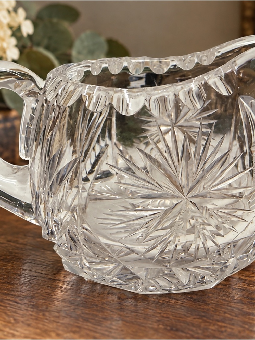 Vintage Cut Crystal Creamer Starburst Fan Pattern Sawtooth Rim 5” Clear Glass